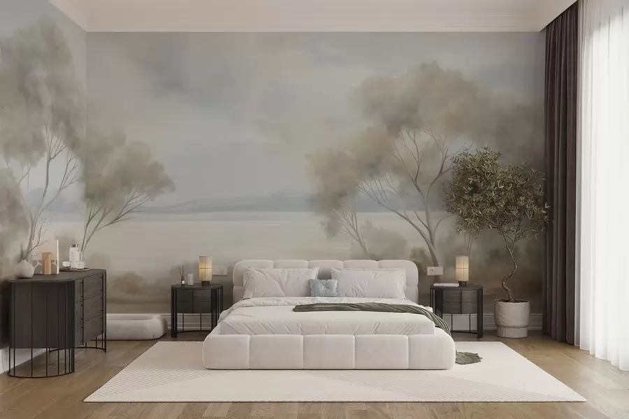 wall murals Стил сликања текстурираног пејзажа са дрвећем под облачним небом w09753