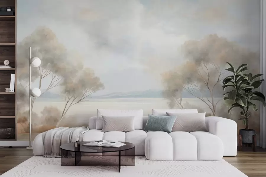 wall murals Стил сликања текстурираног пејзажа са дрвећем под облачним небом w09753