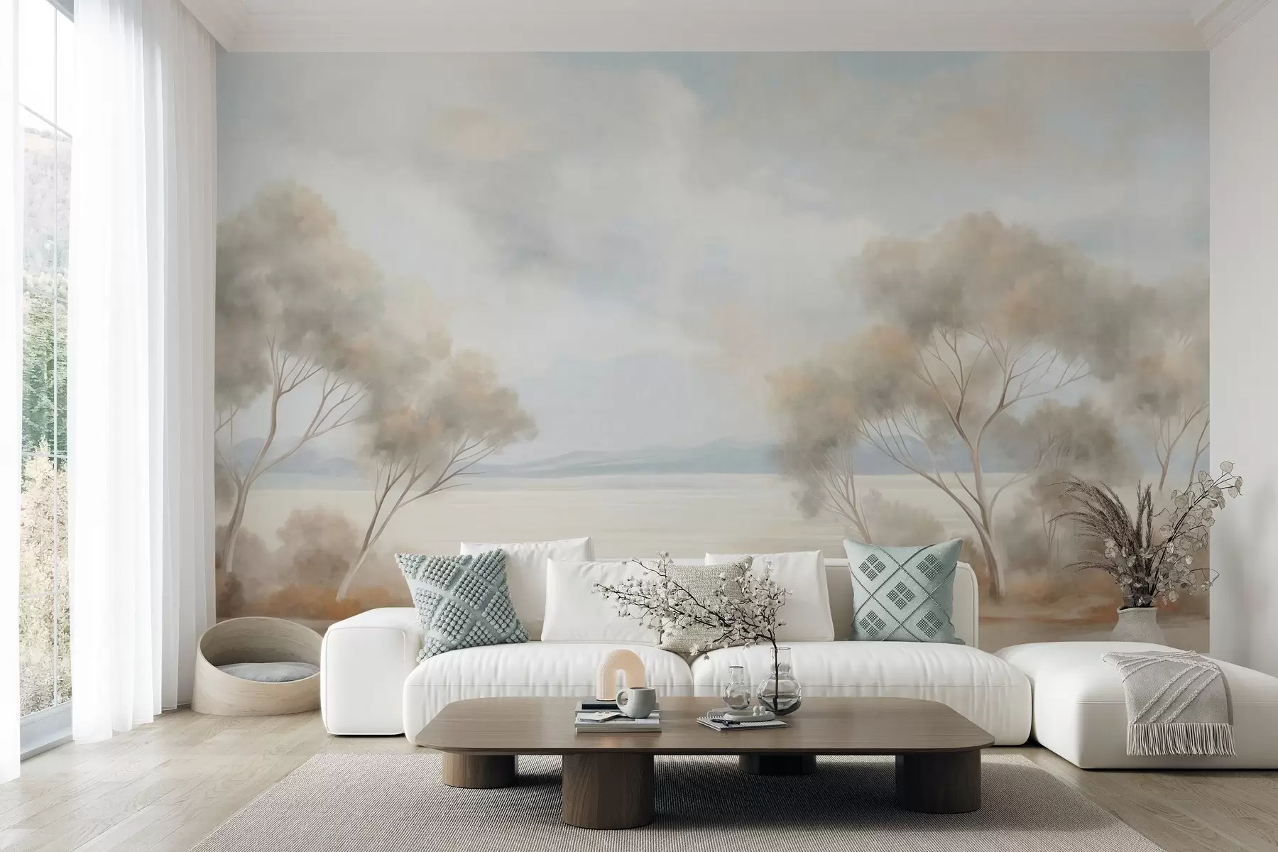 wall murals Стил сликања текстурираног пејзажа са дрвећем под облачним небом w09753