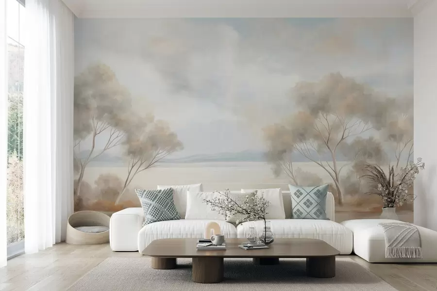 wall murals Стил сликања текстурираног пејзажа са дрвећем под облачним небом w09753