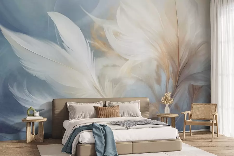 wall murals Текстурирано меко, бело перје и замућена пампас трава са плаво-белом позадином w09758