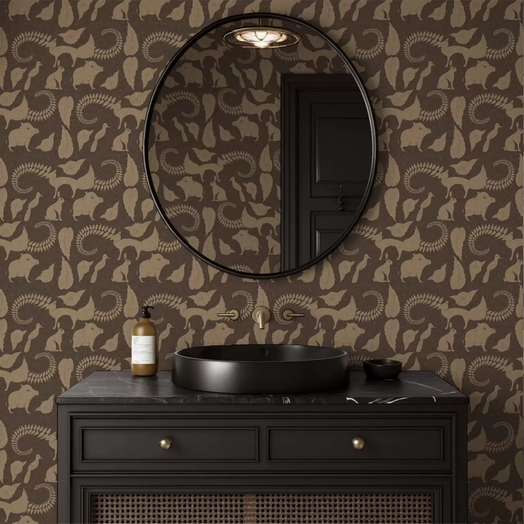 wall murals Шумски узорак са животињама на смеђој позадини a01121