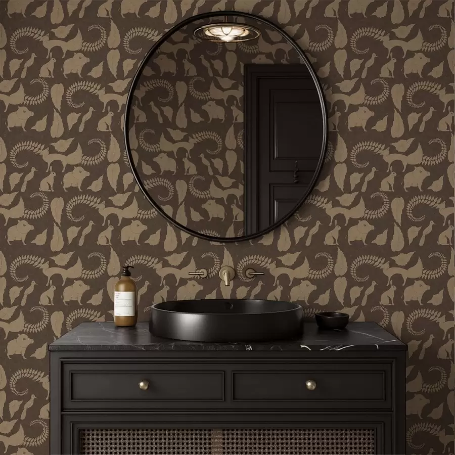 wall murals Шумски узорак са животињама на смеђој позадини a01121