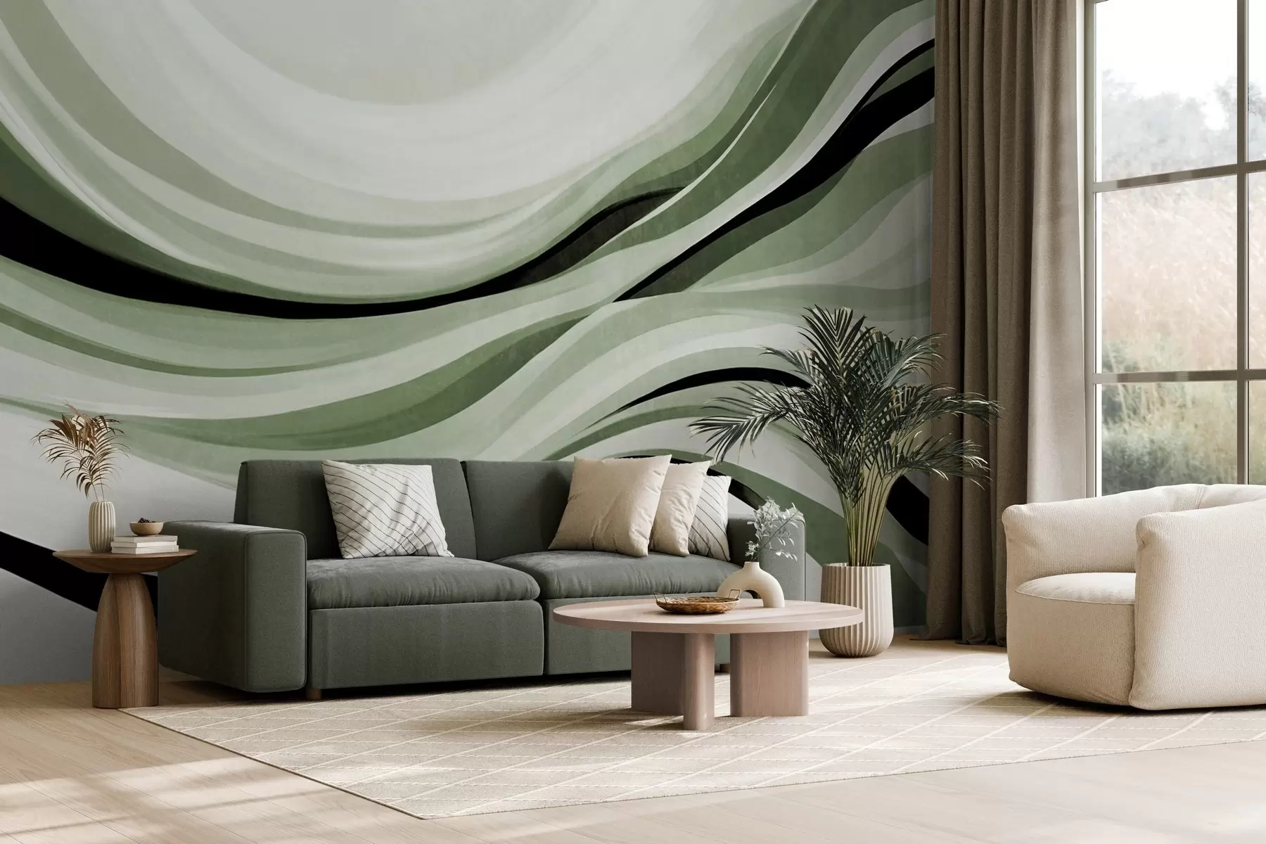 wall murals Апстрактне таласасте линије у нијансама зелене и црне на светлој позадини, текстурирана уметност w09748v1