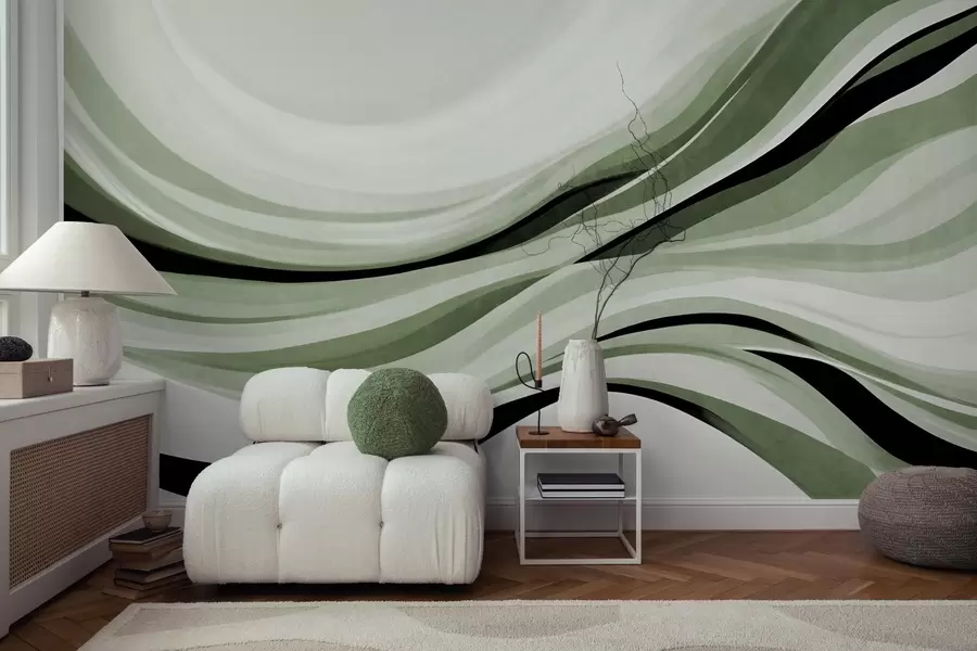 wall murals Апстрактне таласасте линије у нијансама зелене и црне на светлој позадини, текстурирана уметност w09748v1