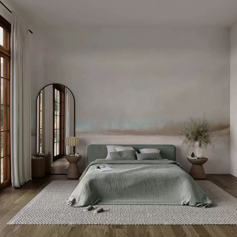 wall murals Магловити пејзаж са језером и шумом w05319