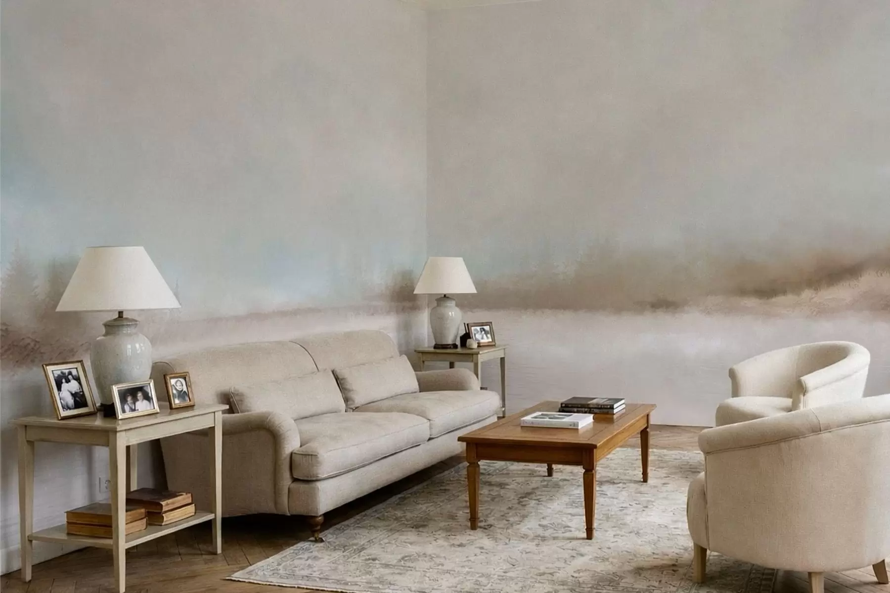 wall murals Магловити пејзаж са језером и шумом w05319