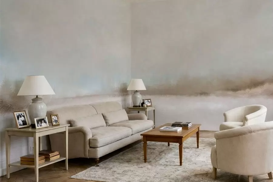 wall murals Магловити пејзаж са језером и шумом w05319