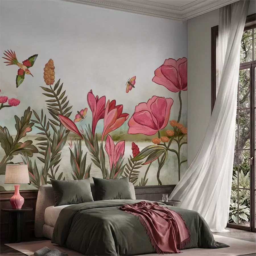wall murals Светло цвеће са птицама и лептирима w05321