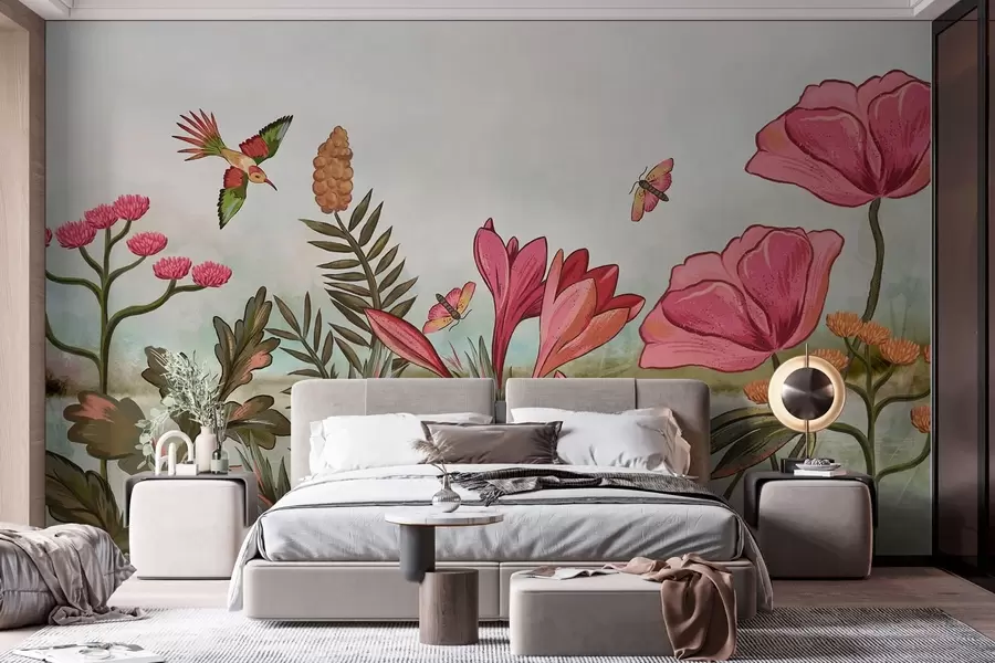 wall murals Светло цвеће са птицама и лептирима w05321