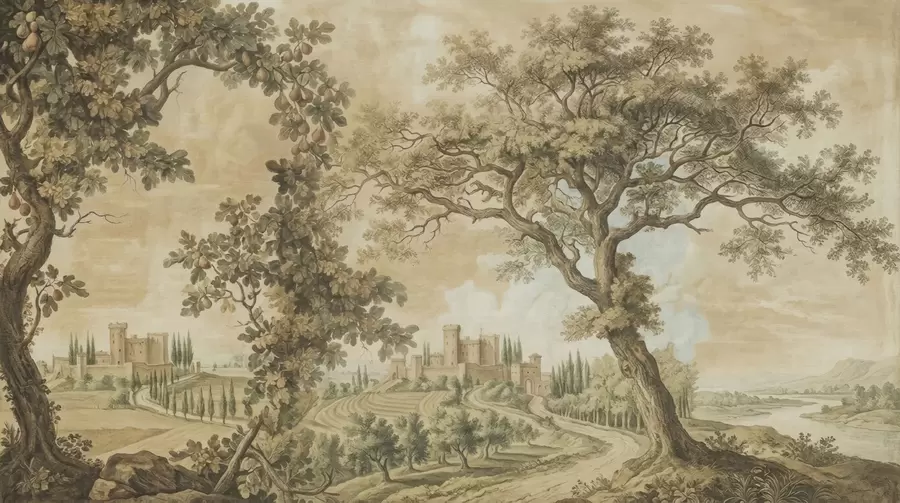 wall murals Пасторални пејзаж у везеном стилу w05359