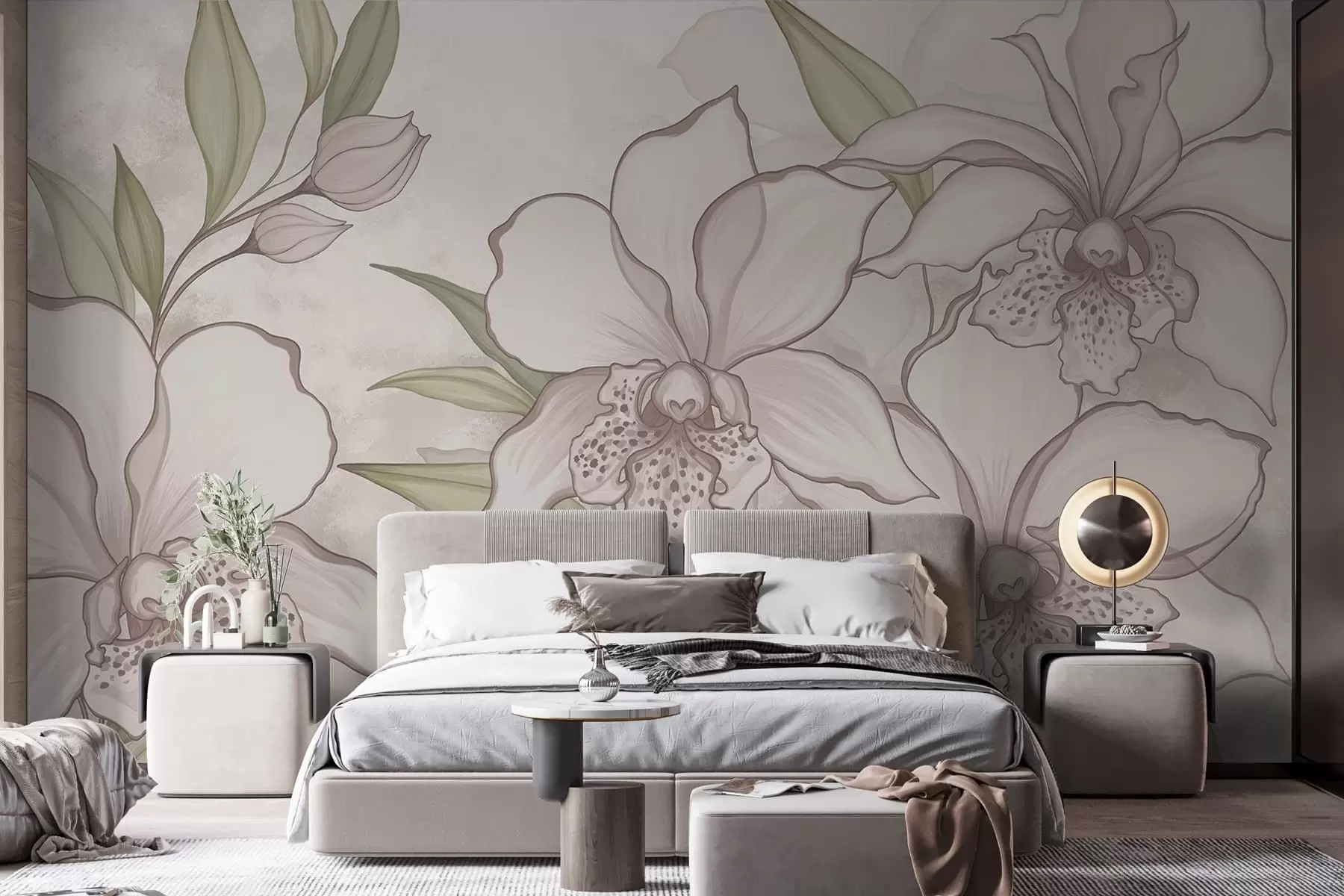 wall murals Илустрација бледих орхидеја са листовима на беж позадини w05117