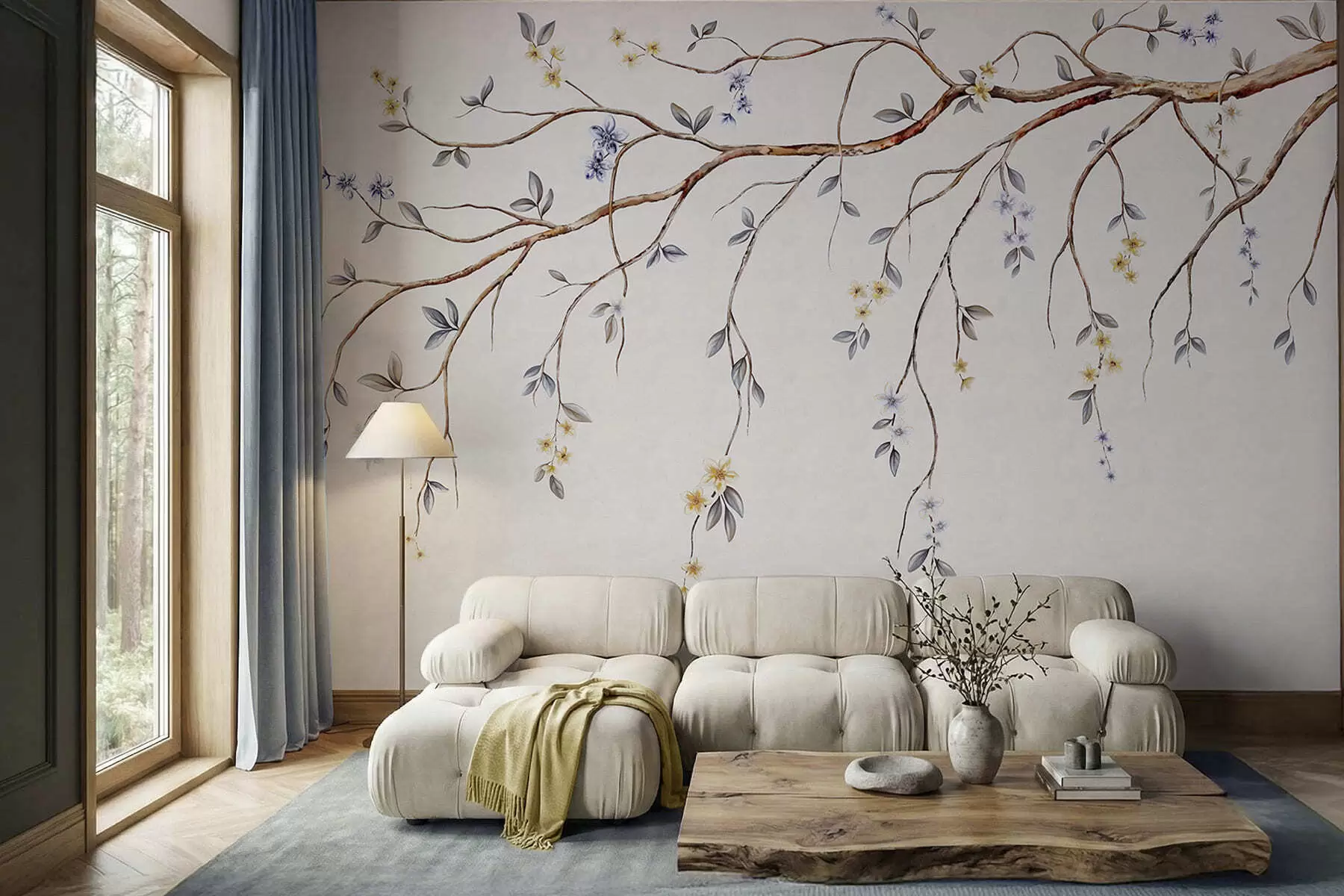 wall murals Танке гране са малим цветовима на светлој позадини w05145