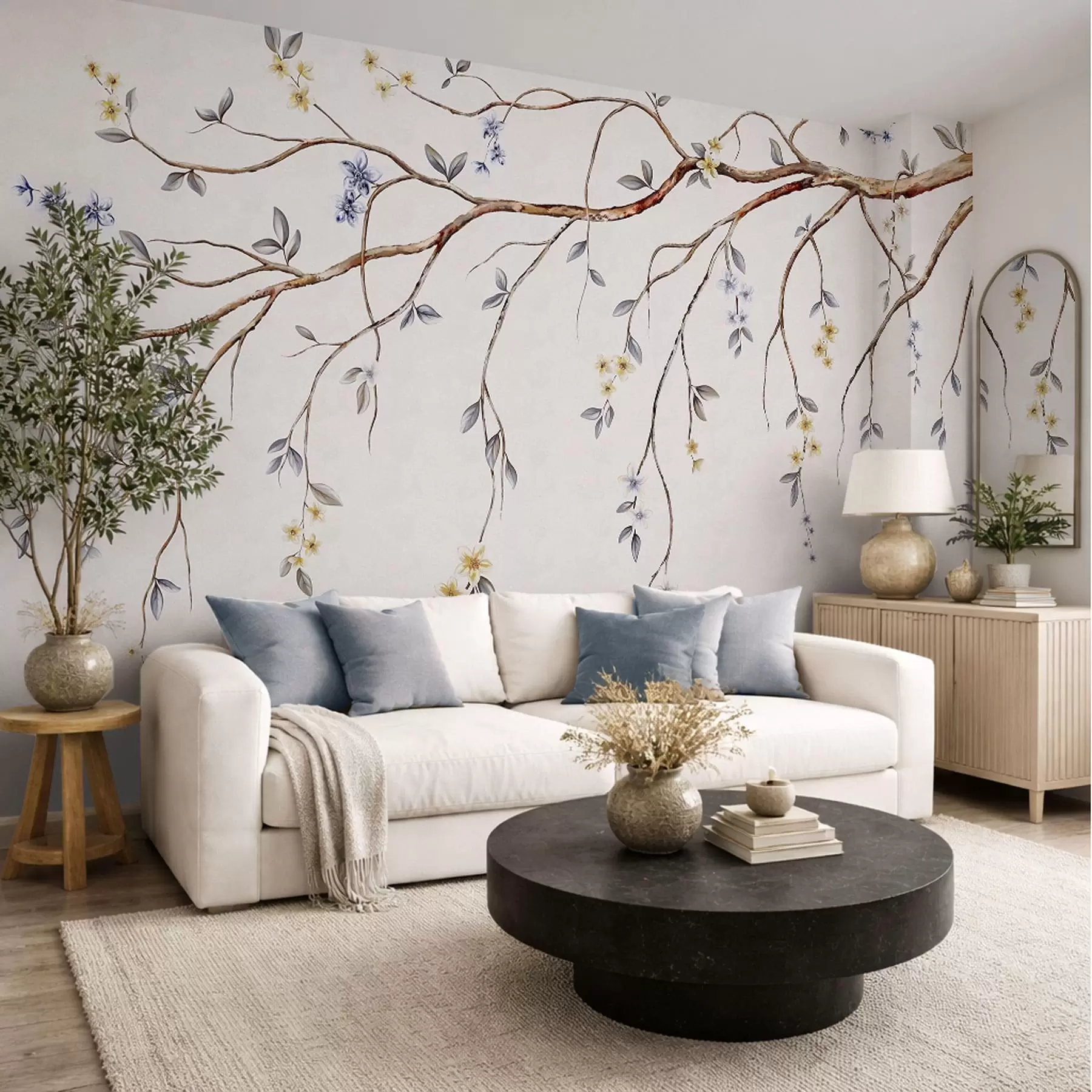 wall murals Танке гране са малим цветовима на светлој позадини w05145