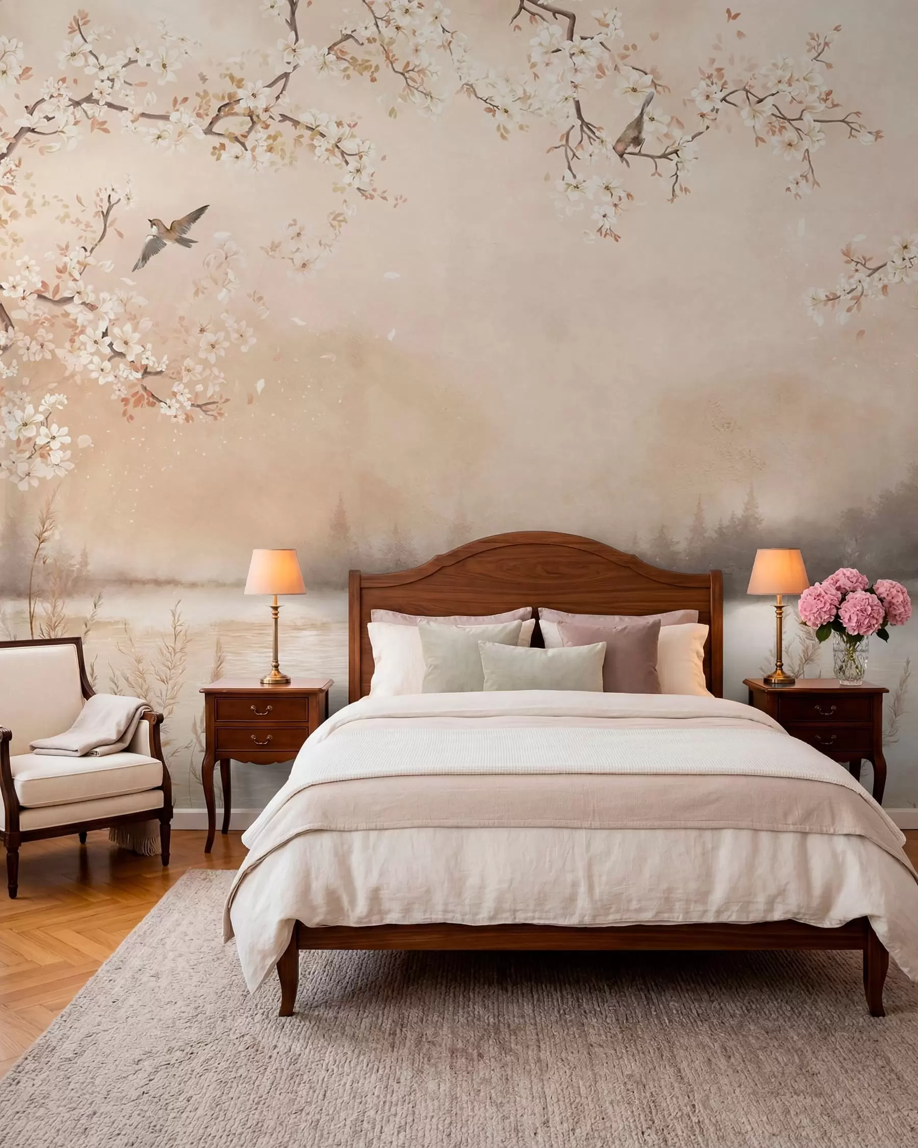 wall murals Нежне цветне гране поред језера са птицама у лаганој магли w05155