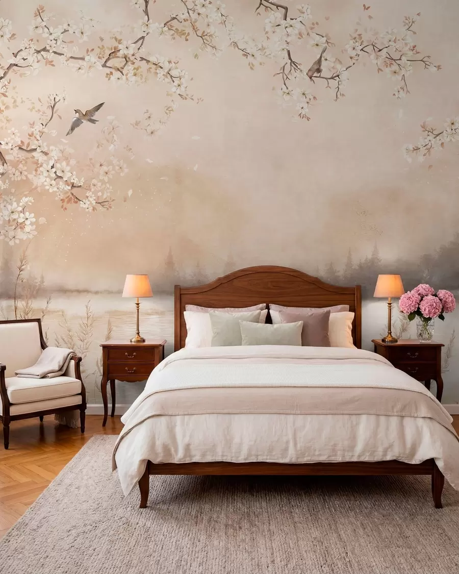 wall murals Нежне цветне гране поред језера са птицама у лаганој магли w05155