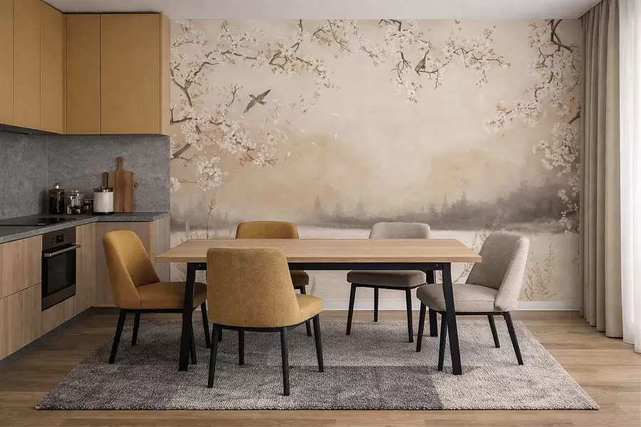 wall murals Нежне цветне гране поред језера са птицама у лаганој магли w05155