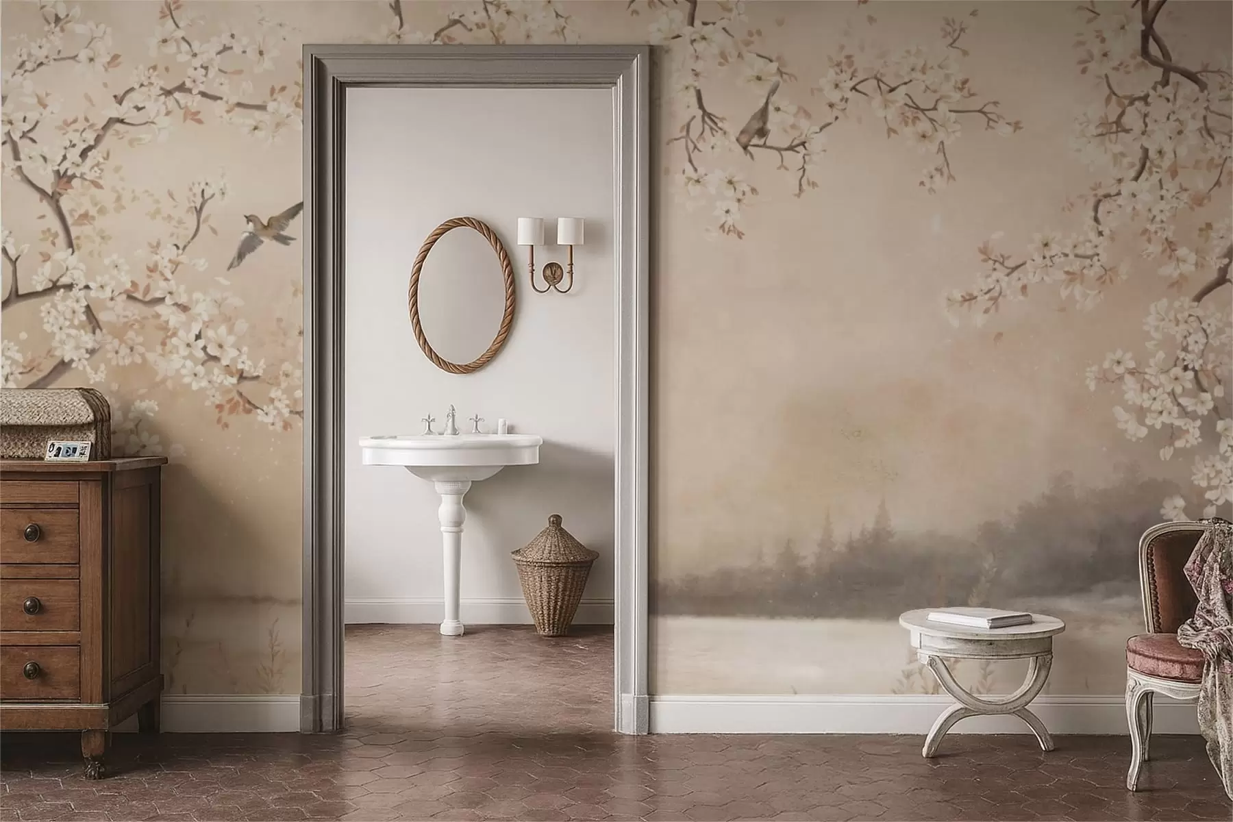 wall murals Нежне цветне гране поред језера са птицама у лаганој магли w05155