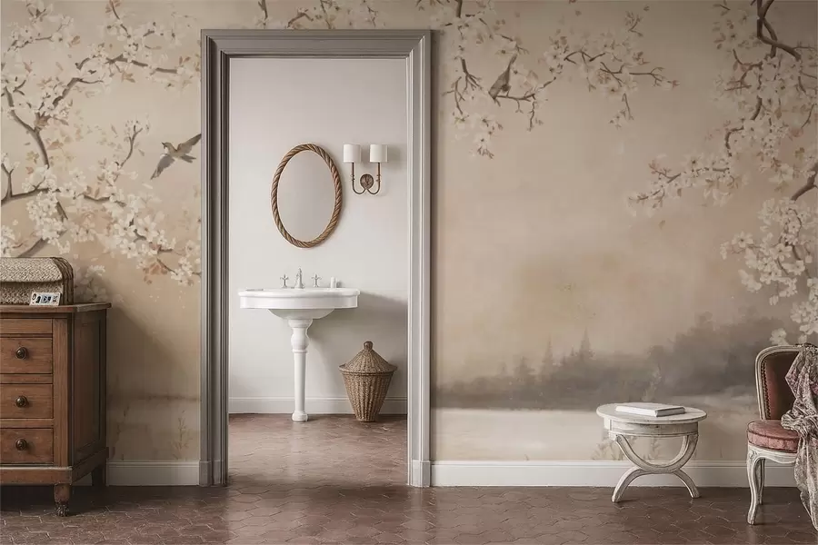 wall murals Нежне цветне гране поред језера са птицама у лаганој магли w05155