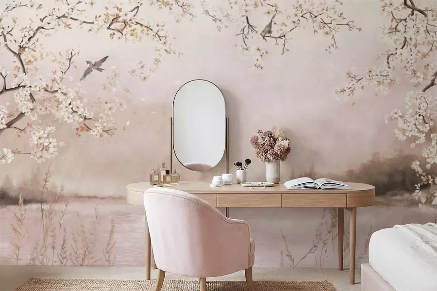 wall murals Цветајуће гране изнад мирног језера са птицама у магли w05155v1