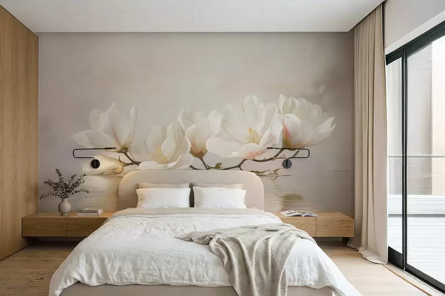 wall murals Светли цветови магнолије на грани изнад одраза у води w05353