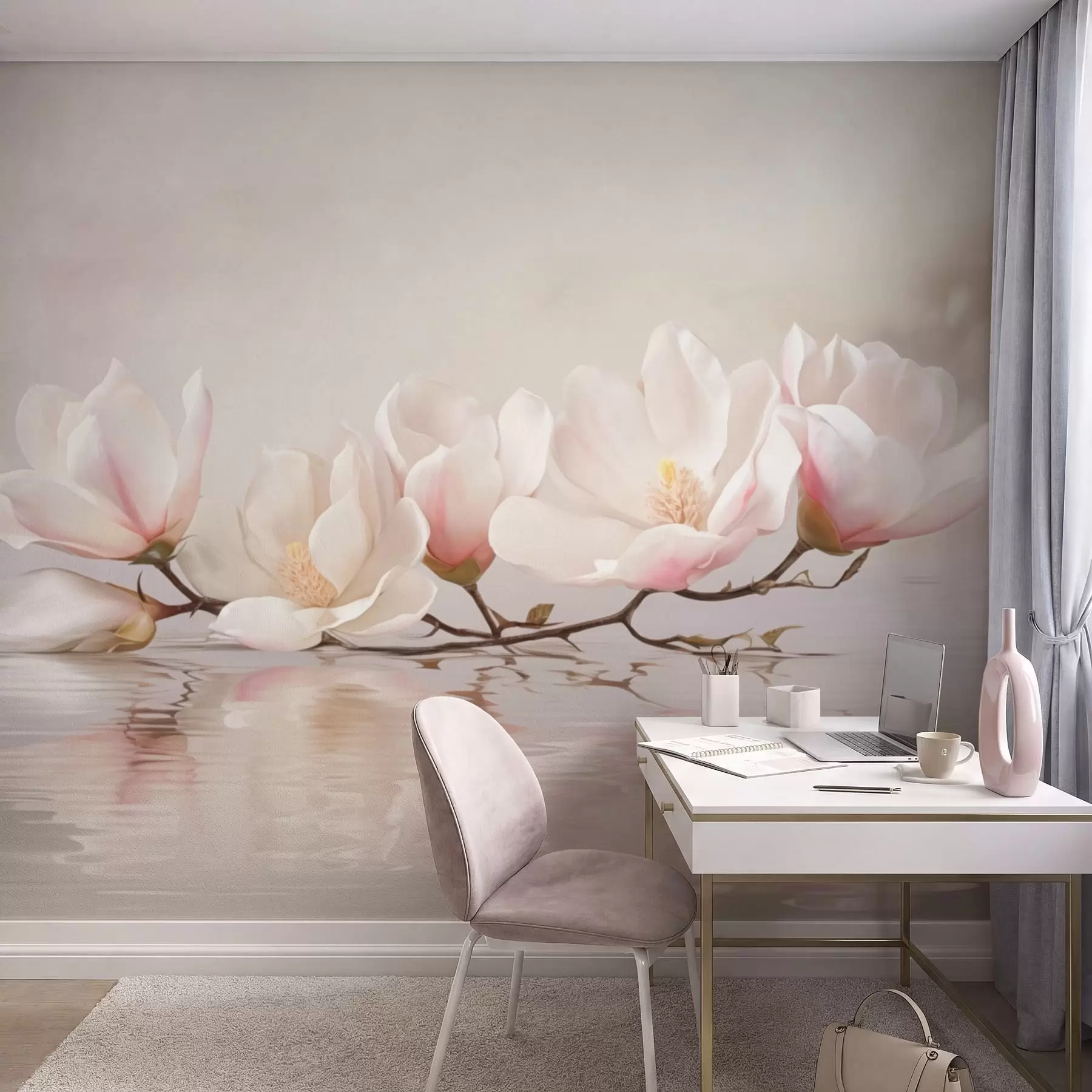 wall murals Грана магнолије са цветовима изнад одраза у мирној води w05353v1