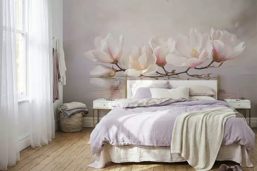 wall murals Грана магнолије са цветовима изнад одраза у мирној води w05353v1