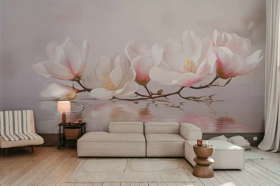 wall murals Грана магнолије са цветовима изнад одраза у мирној води w05353v1