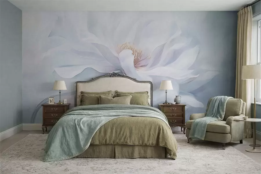 wall murals Нежни бели цвет са лепршавим латицама на плавој позадини w05354