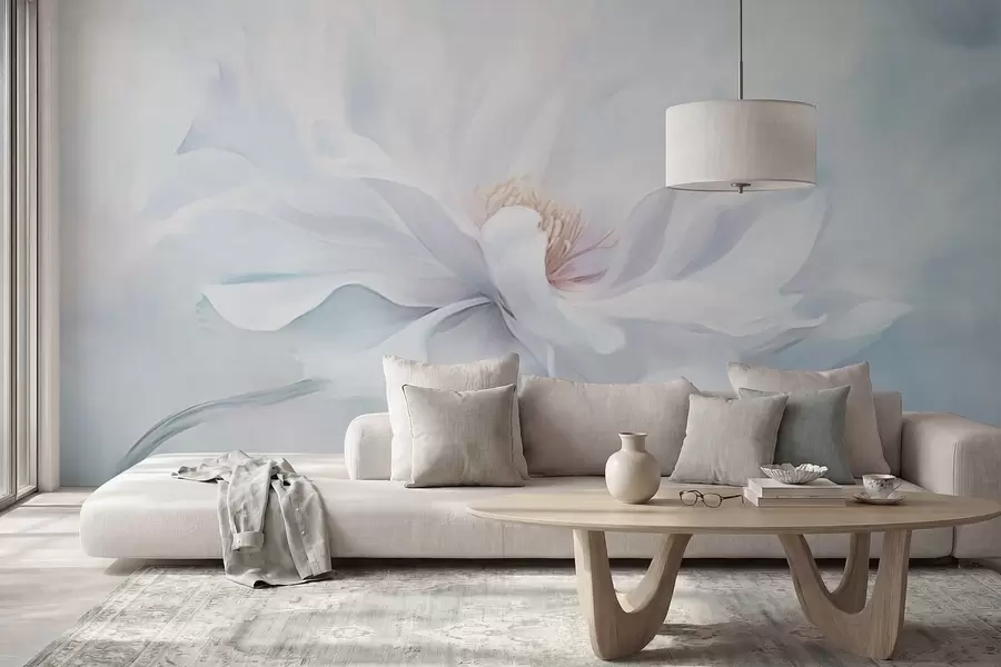 wall murals Нежни бели цвет са лепршавим латицама на плавој позадини w05354