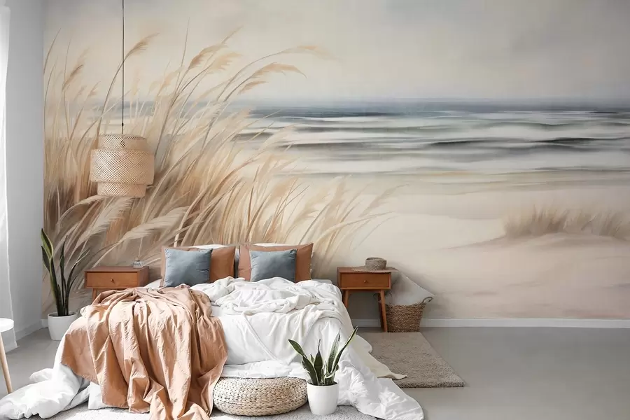 wall murals Текстурирани пејзаж са сувом травом на пешчаној плажи, са океаном и небом у позадини w09739