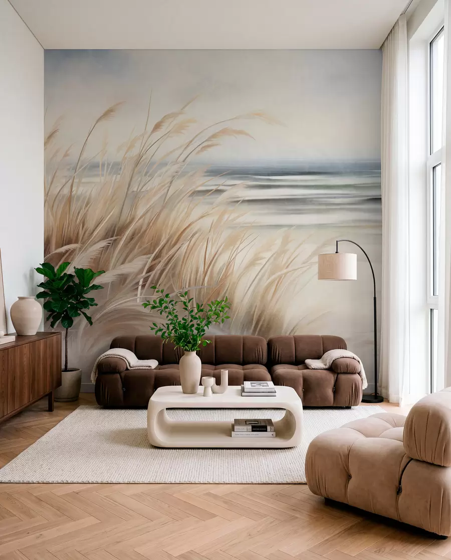 wall murals Текстурирани пејзаж са сувом травом на пешчаној плажи, са океаном и небом у позадини w09739