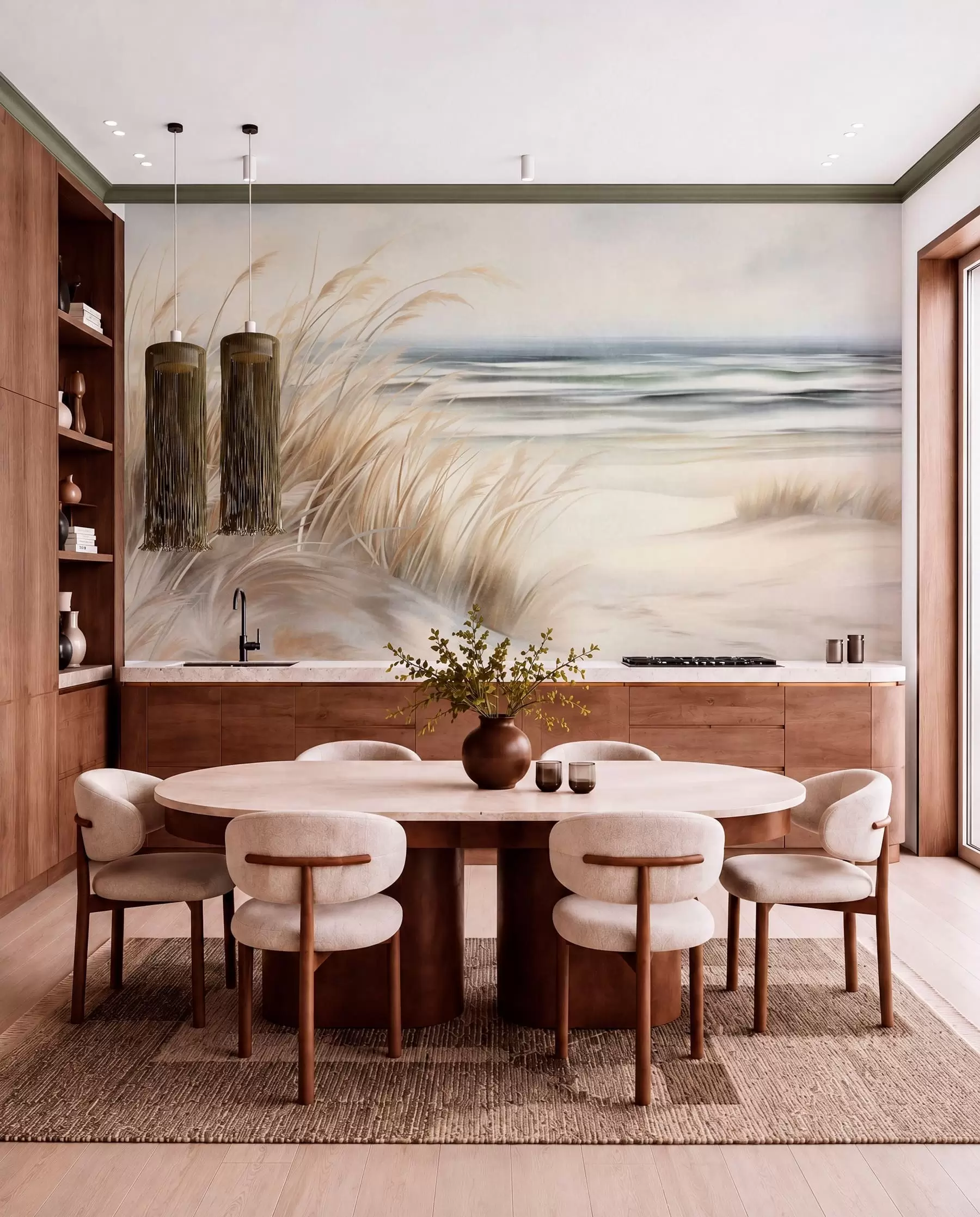 wall murals Текстурирани пејзаж са сувом травом на пешчаној плажи, са океаном и небом у позадини w09739