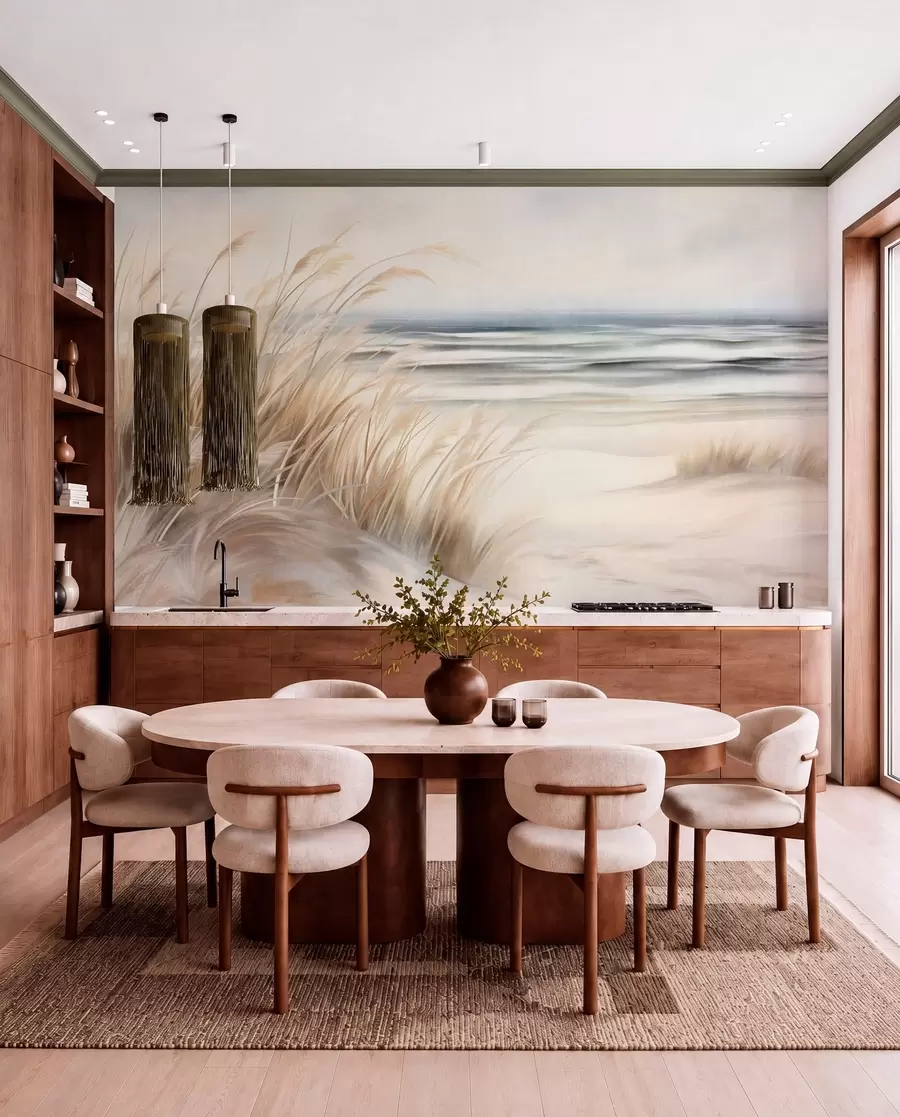 wall murals Текстурирани пејзаж са сувом травом на пешчаној плажи, са океаном и небом у позадини w09739