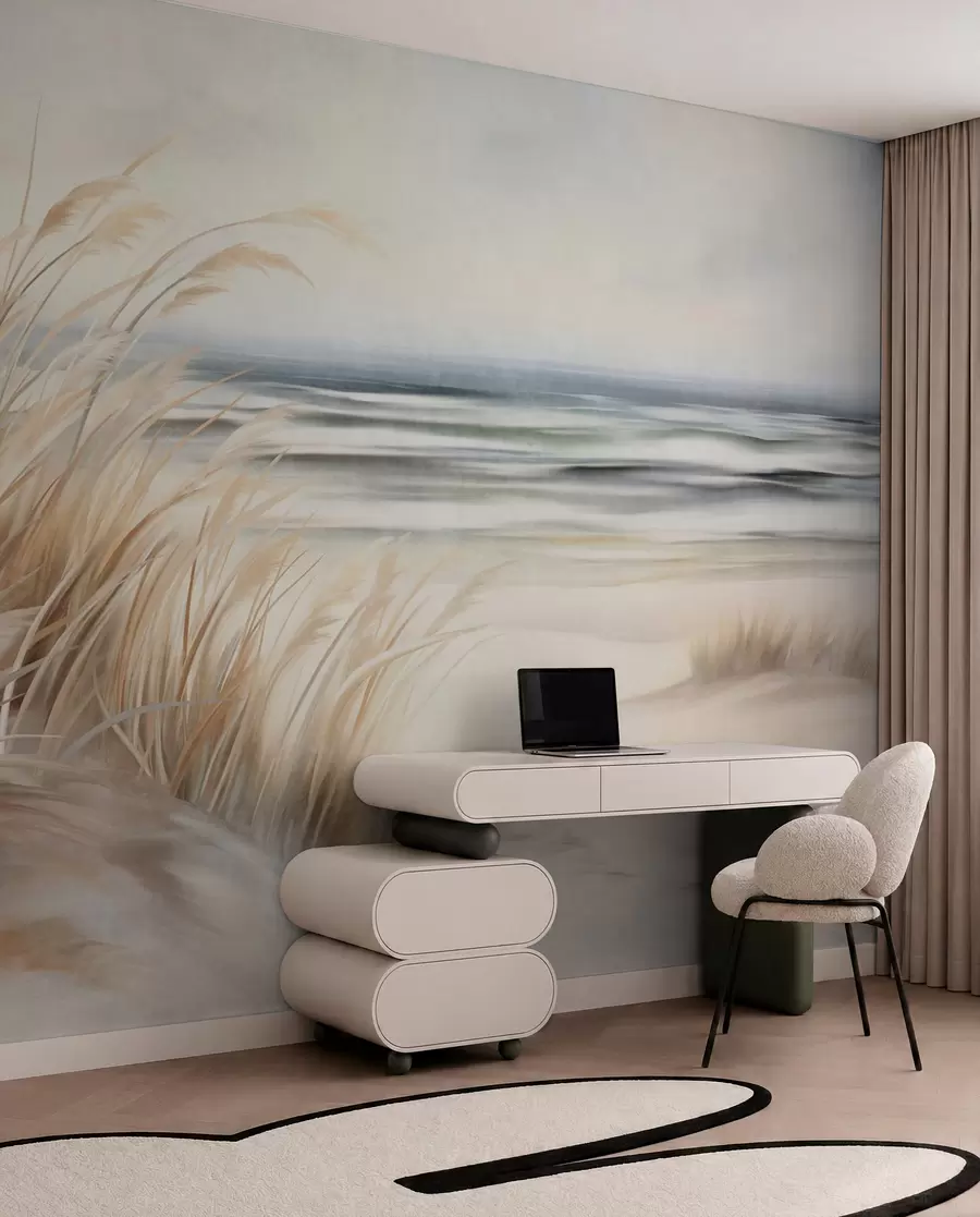 wall murals Текстурирани пејзаж са сувом травом на пешчаној плажи, са океаном и небом у позадини w09739