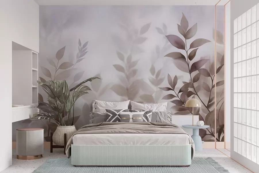 wall murals Нежне гране са пригушеним смеђим и беж листовима, стил акварела, текстурирана уметност w09750