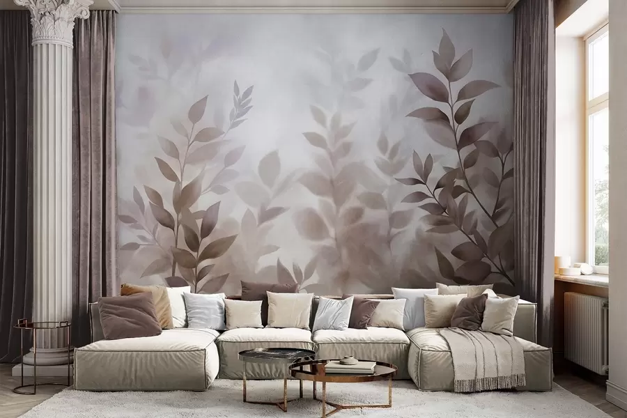 wall murals Нежне гране са пригушеним смеђим и беж листовима, стил акварела, текстурирана уметност w09750