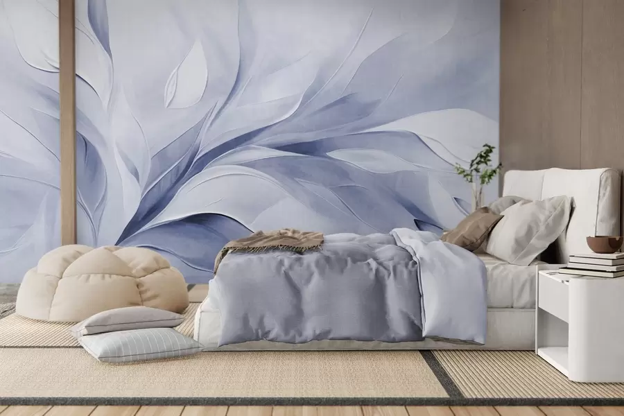wall murals Апстрактни текстурирани стил сликања бледоплавих и белих текућих листова w09765