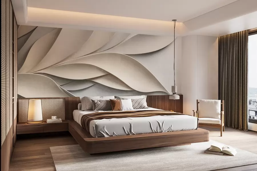 wall murals Апстрактно лишће у беж и сивој боји, текстурирана модерна уметност w09769