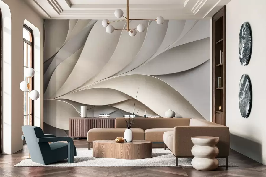 wall murals Апстрактно лишће у беж и сивој боји, текстурирана модерна уметност w09769