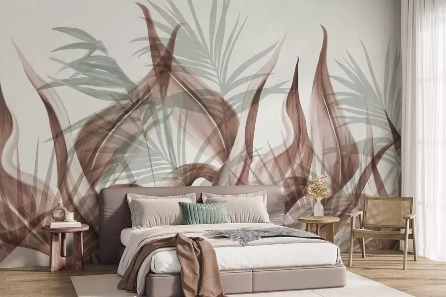 wall murals Тропско лишће у нијансама смеђе и зелене на белој позадини, текстурирано у акварелу w09772