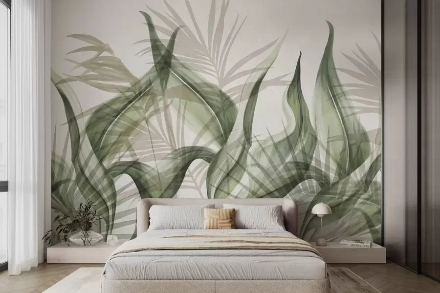 wall murals Тропско лишће у нијансама беж и зелене на белој позадини, текстурирано у акварелном стилу w09772v1