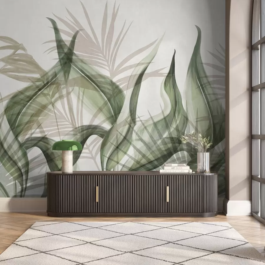 wall murals Тропско лишће у нијансама беж и зелене на белој позадини, текстурирано у акварелном стилу w09772v1