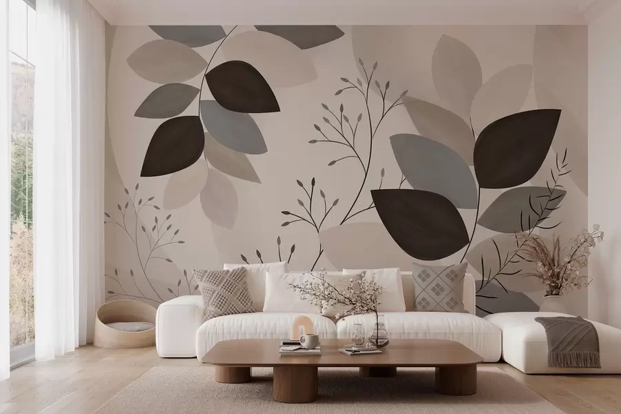 wall murals лишће и траве у нијансама беж, сиве и браон w05237
