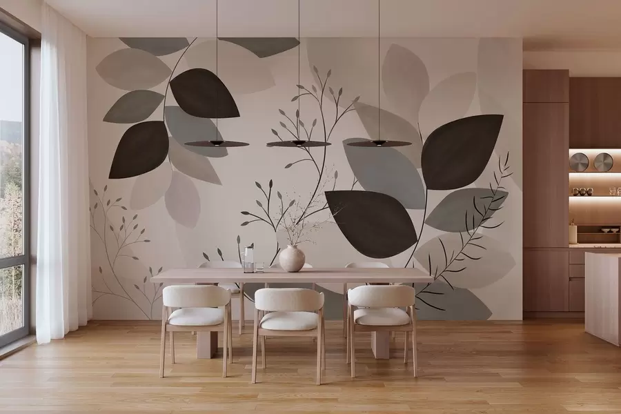 wall murals лишће и траве у нијансама беж, сиве и браон w05237