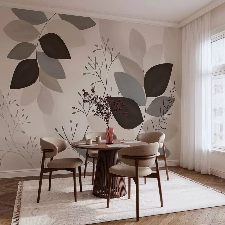 wall murals лишће и траве у нијансама беж, сиве и браон w05237