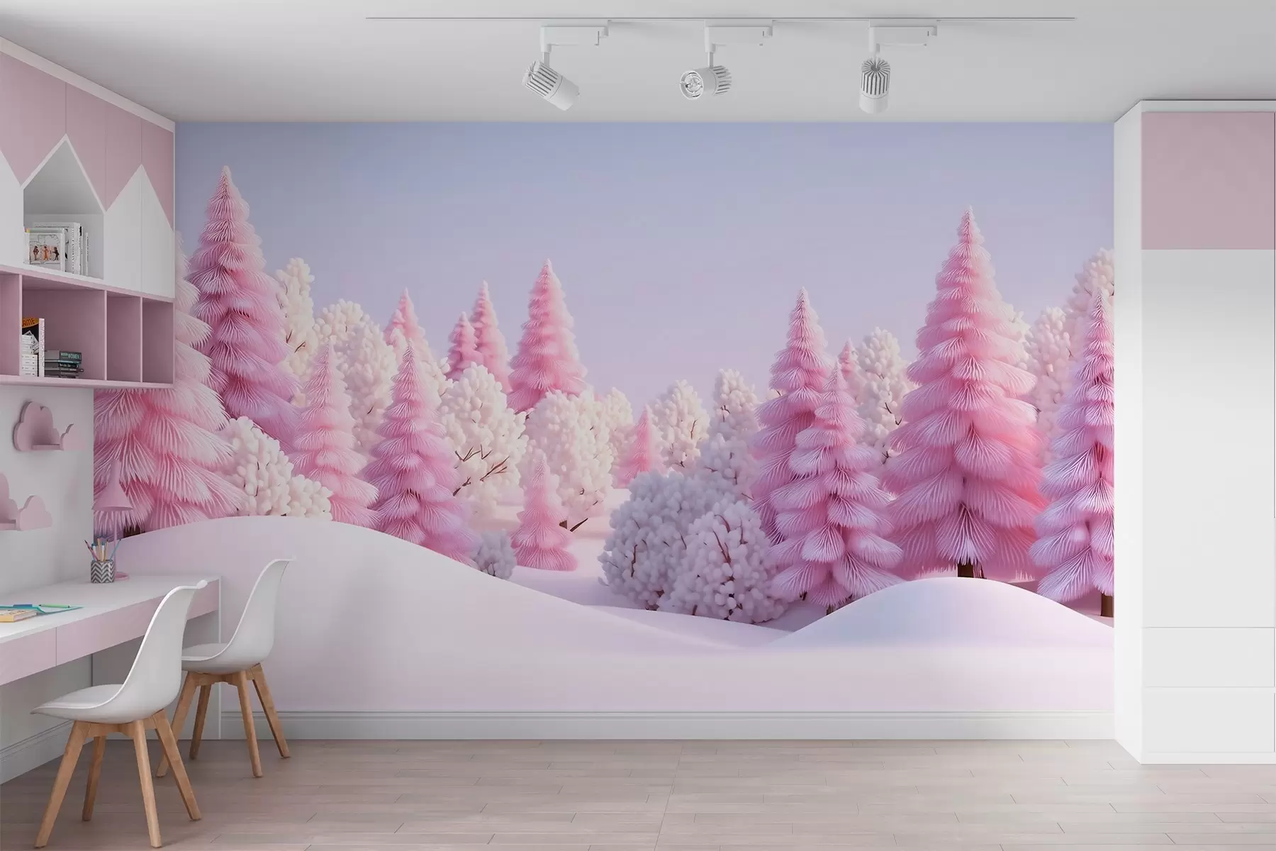 wall murals Снежна зимска шума у ружичастим тоновима w09654