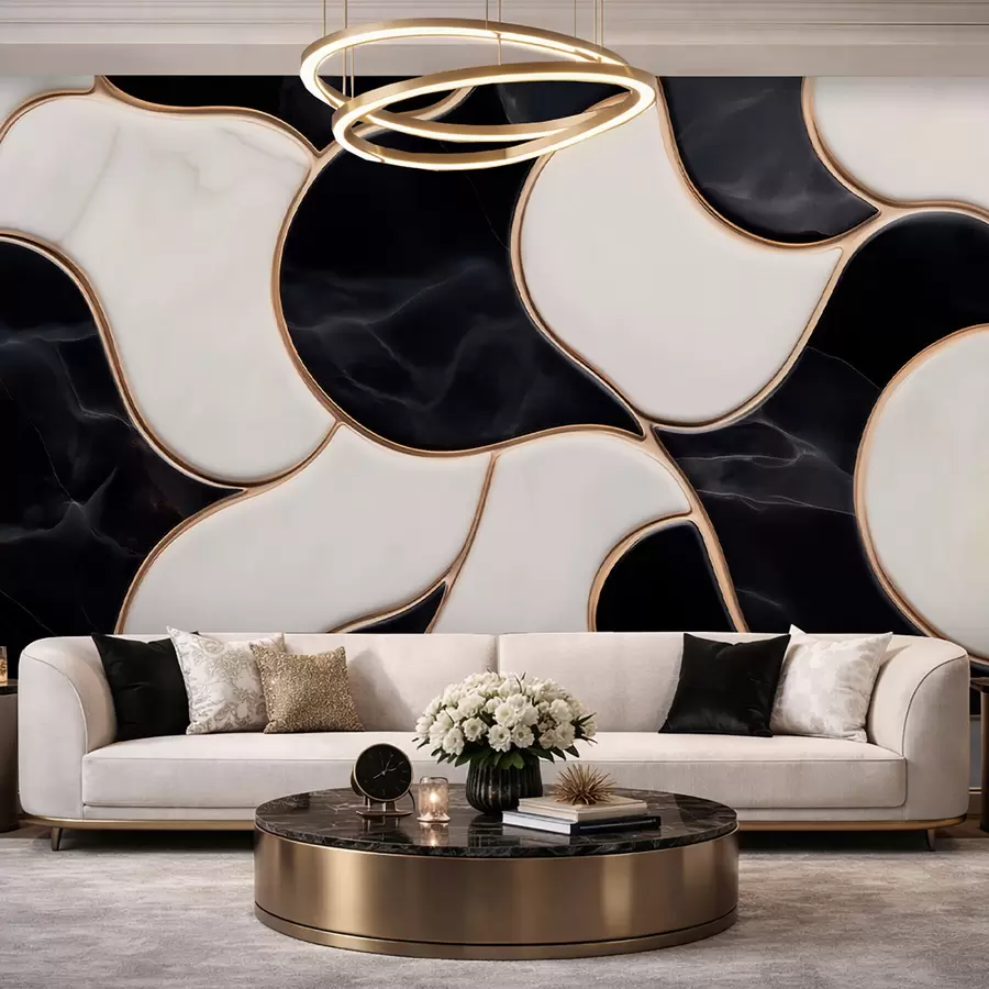 wall murals Апстрактна имитација мермерне композиције у црно-белим тоновима са жутим линијама w09733