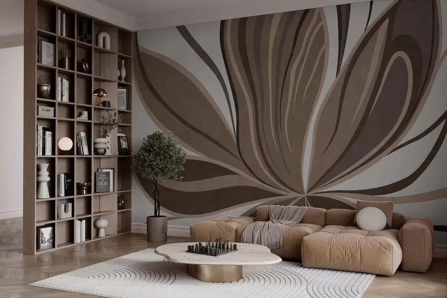 wall murals Стилизовани цвет са течним линијама у смеђим тоновима w05147