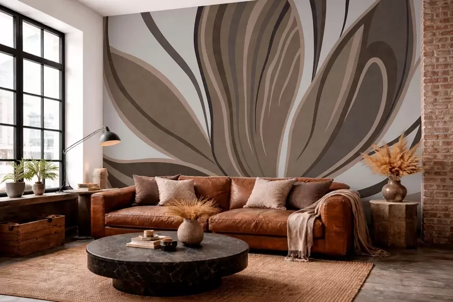 wall murals Стилизовани цвет са течним линијама у смеђим тоновима w05147